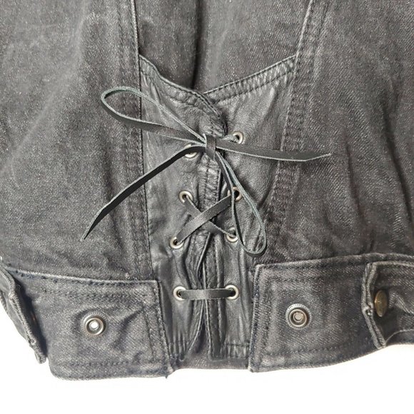 Vintage 80s Paris Express Womens S Denim Jacket Snap V Neck Retro Lace Up Crop - Picture 7 of 9